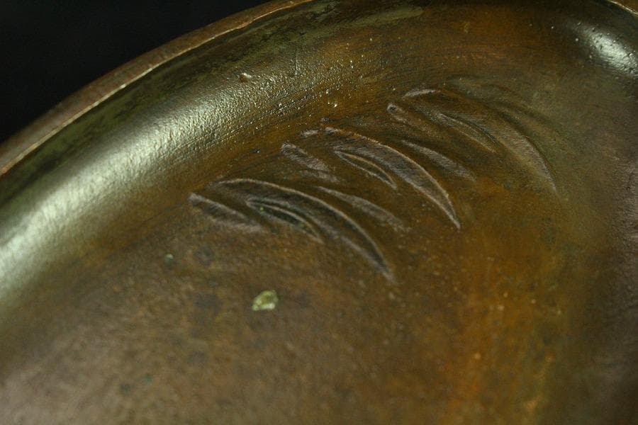 銅 鶴 楕円形 皿 11.5cmx7cm 在銘 文房四宝(K-YC355)