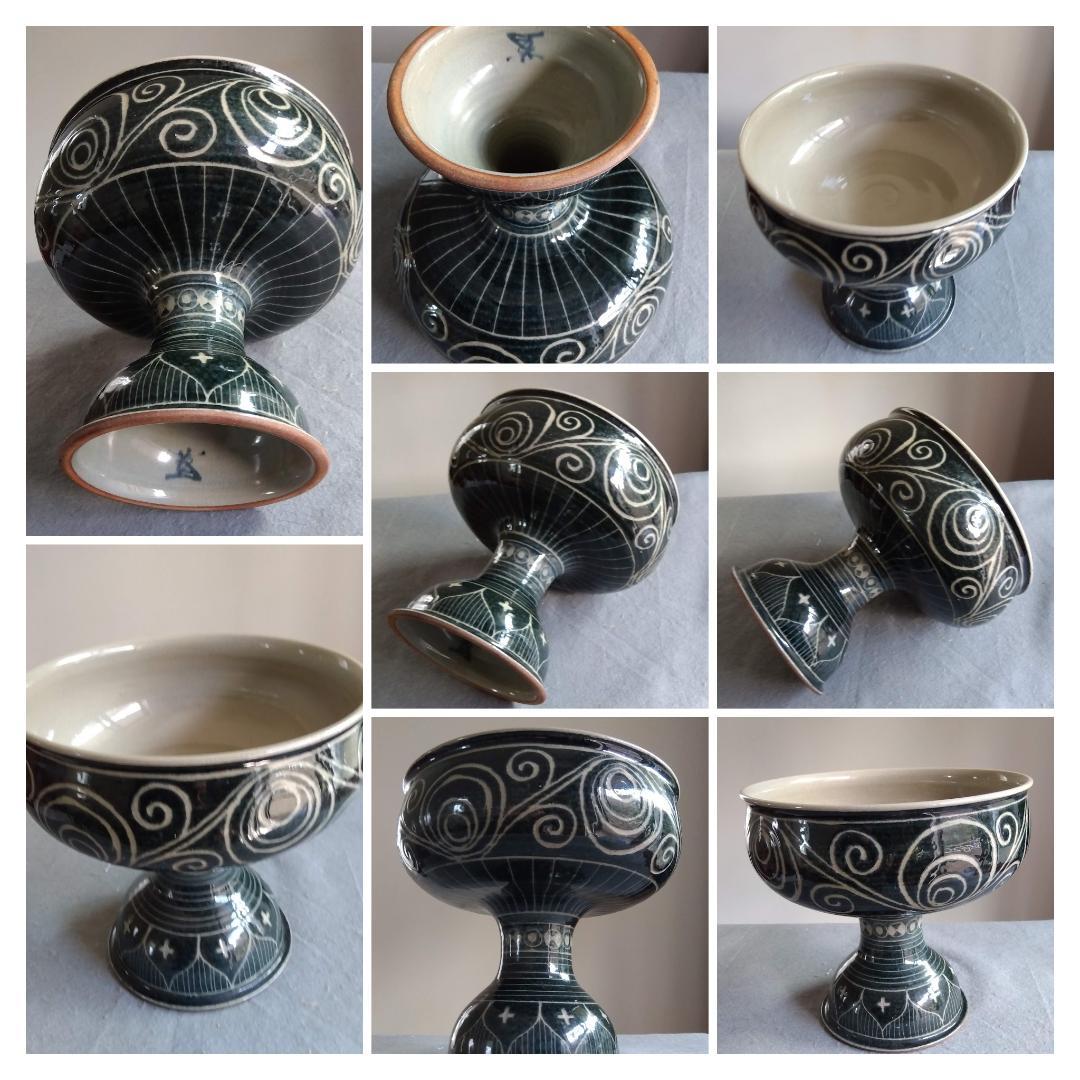 越前焼　あかね陶房　山路茜　藍化粧のポップモダニズムな斬新デザイン巨大コンポート