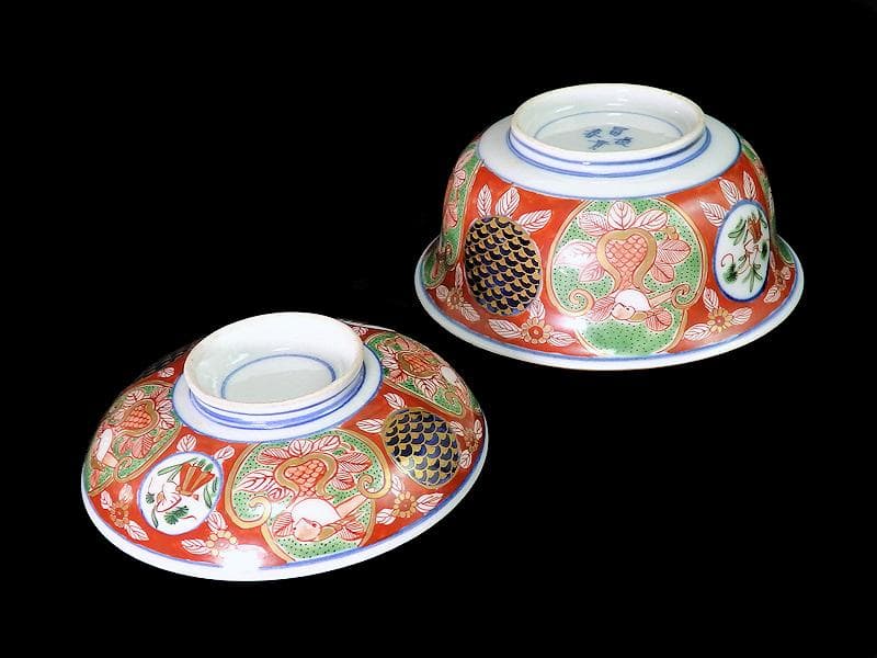 大聖寺伊万里　金襴手　丸紋　鳥に柘榴の図　蓋付鉢　B291AS-CPk