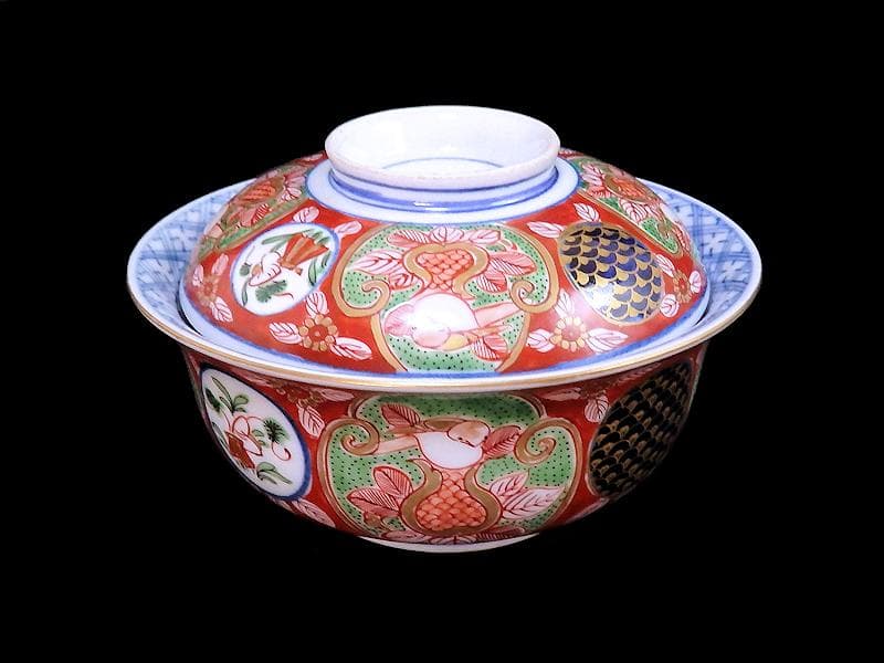 大聖寺伊万里　金襴手　丸紋　鳥に柘榴の図　蓋付鉢　B291AS-CPk