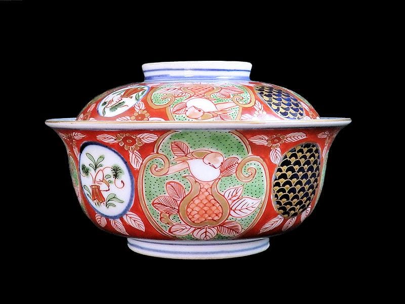 大聖寺伊万里　金襴手　丸紋　鳥に柘榴の図　蓋付鉢　B291AS-CPk