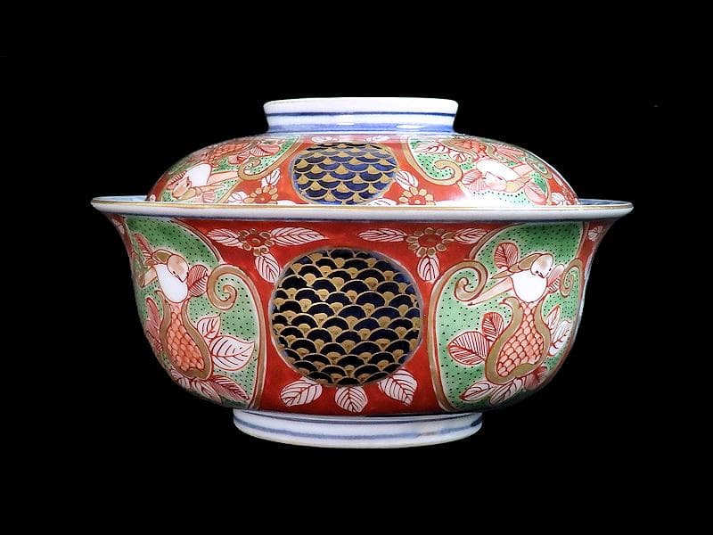 大聖寺伊万里　金襴手　丸紋　鳥に柘榴の図　蓋付鉢　B291AS-CPk