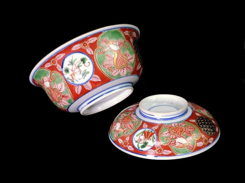 大聖寺伊万里　金襴手　丸紋　鳥に柘榴の図　蓋付鉢　B291AS-CPk