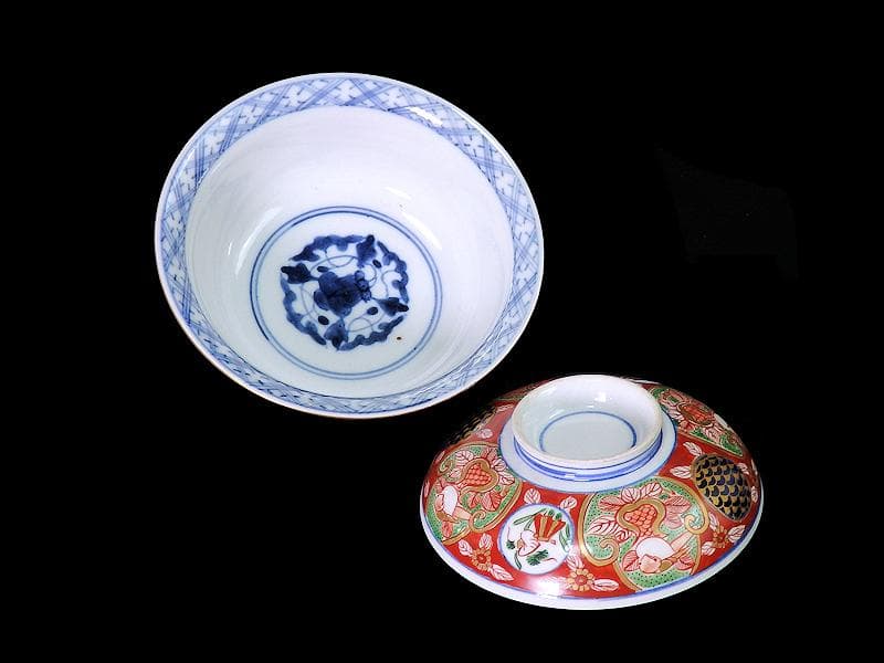 大聖寺伊万里　金襴手　丸紋　鳥に柘榴の図　蓋付鉢　B291AS-CPk