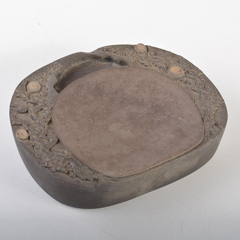 中国　書道具　梅花文　端渓硯　唐木蓋　V　6619