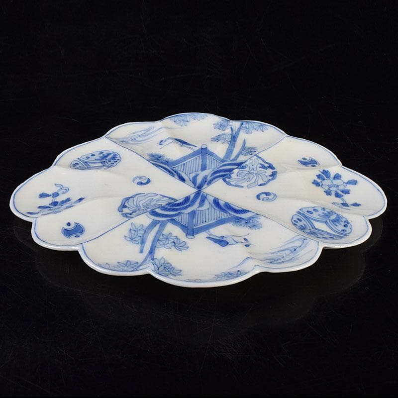 瀬戸焼　松籟園製　染付　花鳥文　扇面皿　V　R9526