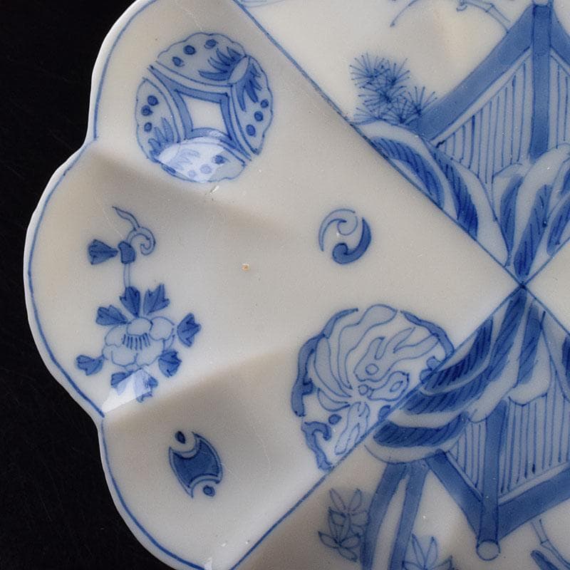 瀬戸焼　松籟園製　染付　花鳥文　扇面皿　V　R9526