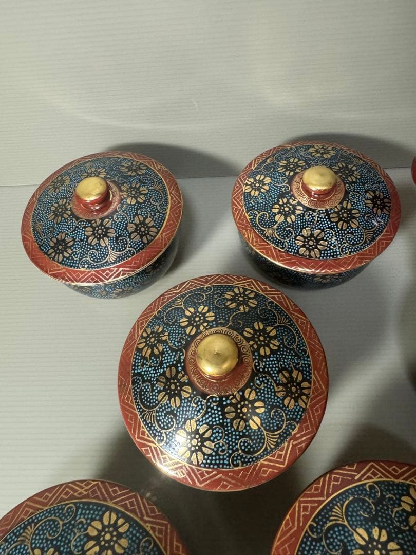 2086 九谷焼　青粒　茶器セット　急須1客　湯呑蓋付5客　金彩