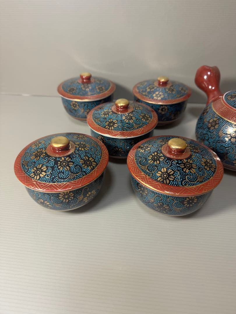 2086 九谷焼　青粒　茶器セット　急須1客　湯呑蓋付5客　金彩