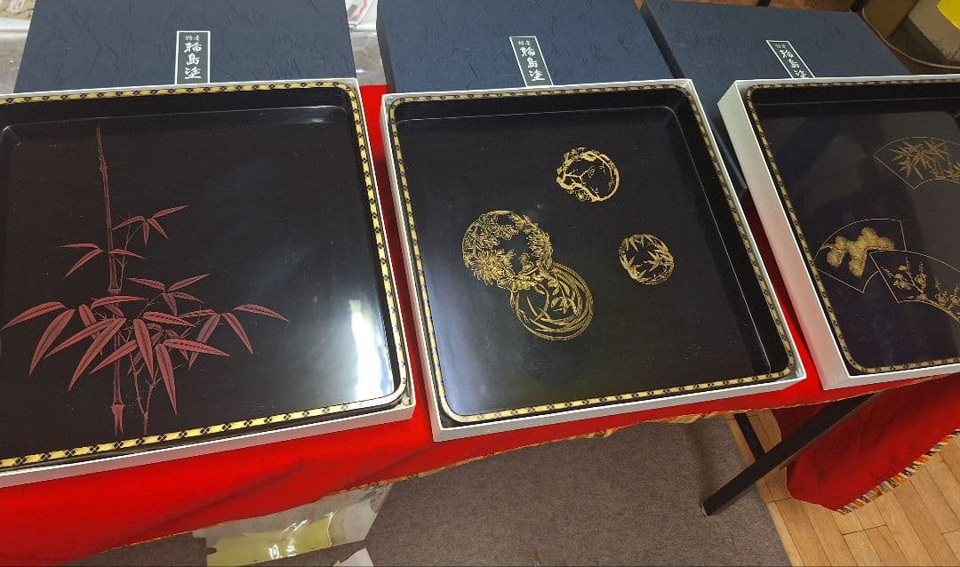 新品！輪島塗 祝盆「花の丸」 沈金アジロ 網代