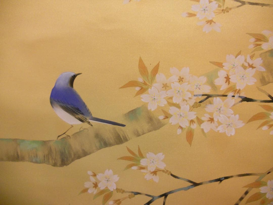 掛け軸 平野宏仙 『 桜に小禽 』 絹本 希少 軸装 茶道具 掛軸 美品 です。