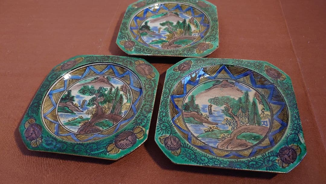 古九谷　青九谷　吉田屋窯　松山窯　青手　蔵出し　３客