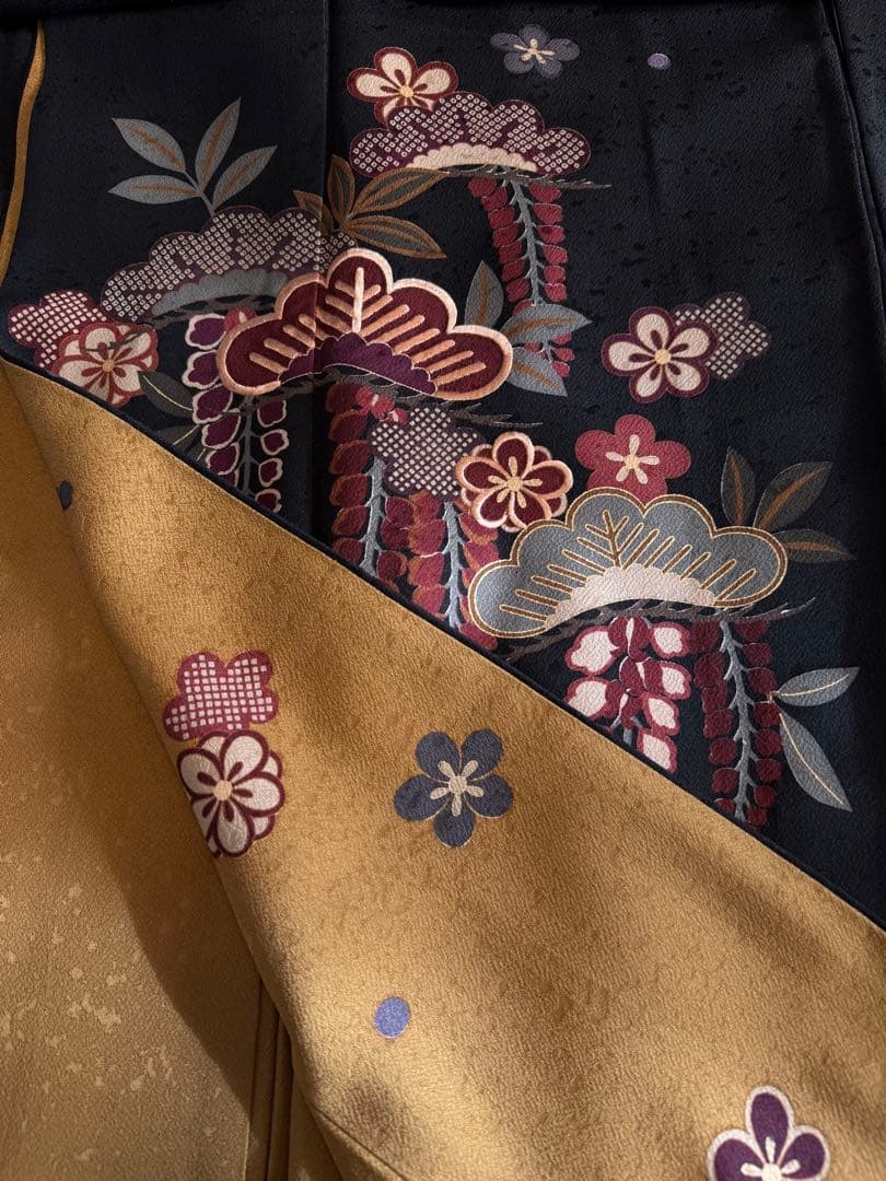 二尺袖　振袖　訪問着　黒地　松 梅 藤