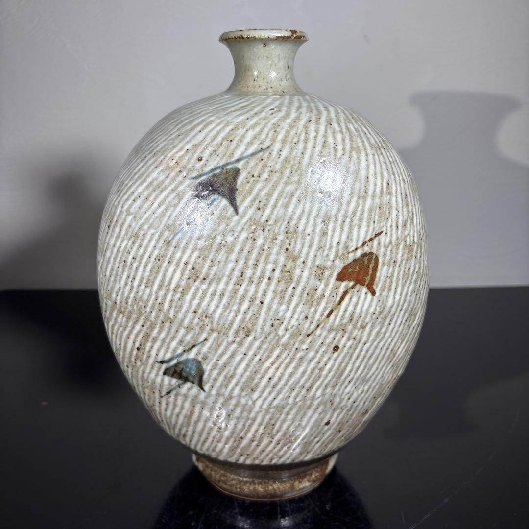 真作　人間国宝　島岡達三　地釉象嵌縄文扁壷