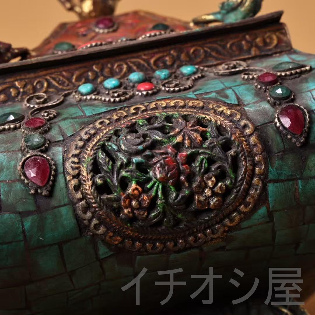 中国古美術 旧藏 西藏 仏教 銅製 吊香炉 彩绘描金 宝石嵌 藏伝工芸 古銅器
