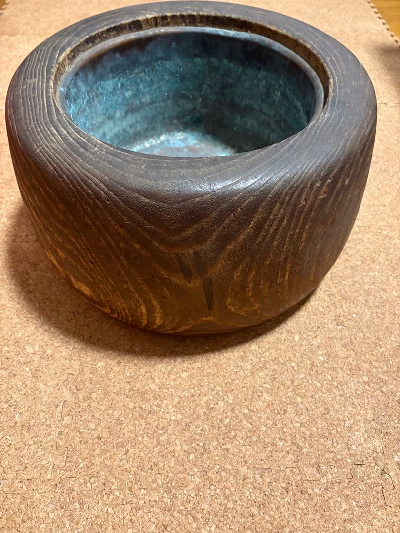 木製丸火鉢 木目桐火鉢　手炙り　銅落とし大正レトロ！