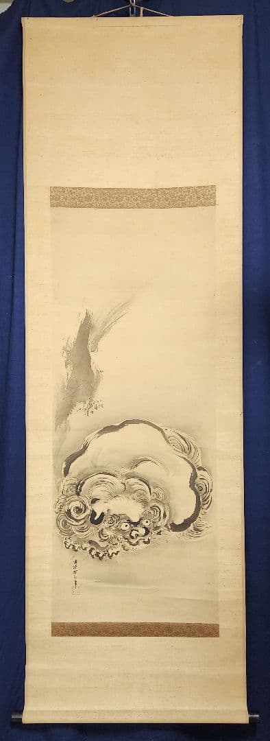 【獅子図】鶴澤探泉 2633 狩野派 江戸 狛犬 唐獅子 掛け軸　肉筆
