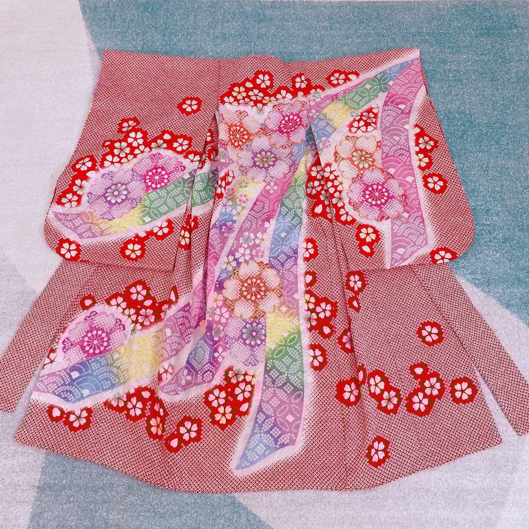 七五三 3歳 正絹 総絞り 被布 着物 バッグ 草履 髪飾り セット