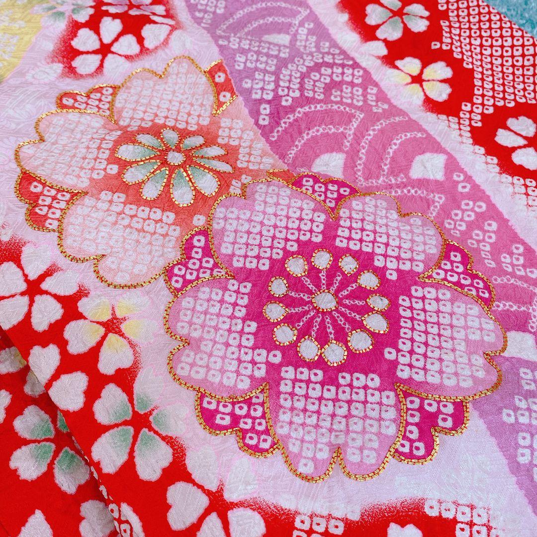 七五三 3歳 正絹 総絞り 被布 着物 バッグ 草履 髪飾り セット