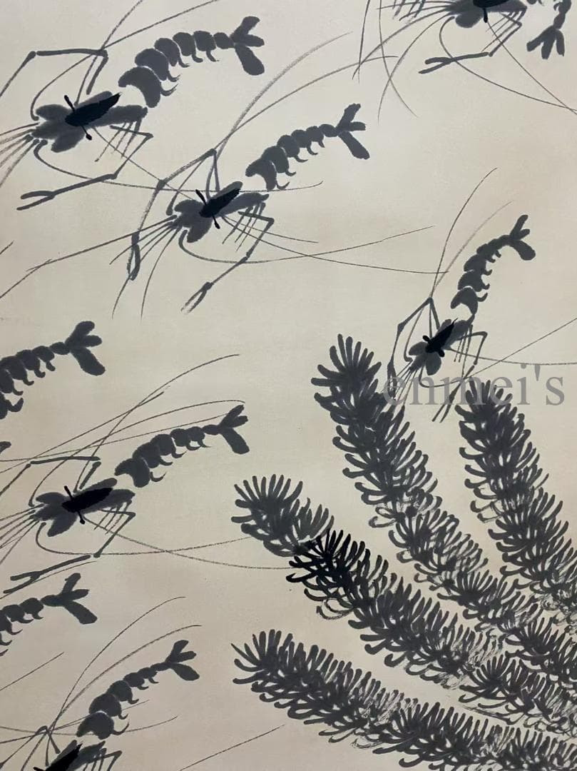 中国古美術 近代 齊白石款 エビ画 水墨画 掛け軸 宣紙 唐物 文房置物 手描き