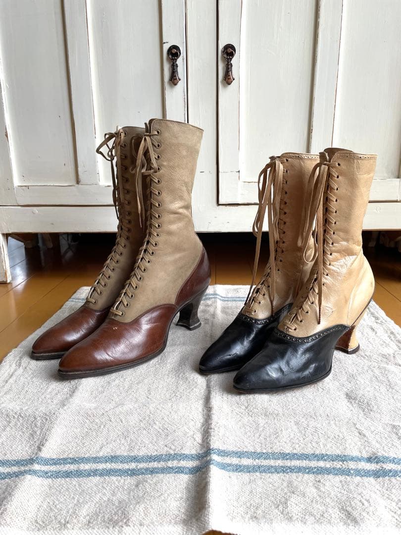 ♡アンティーク　ヴィクトリアン　フランス　レースアップブーツ　ベージュ　ブラウン