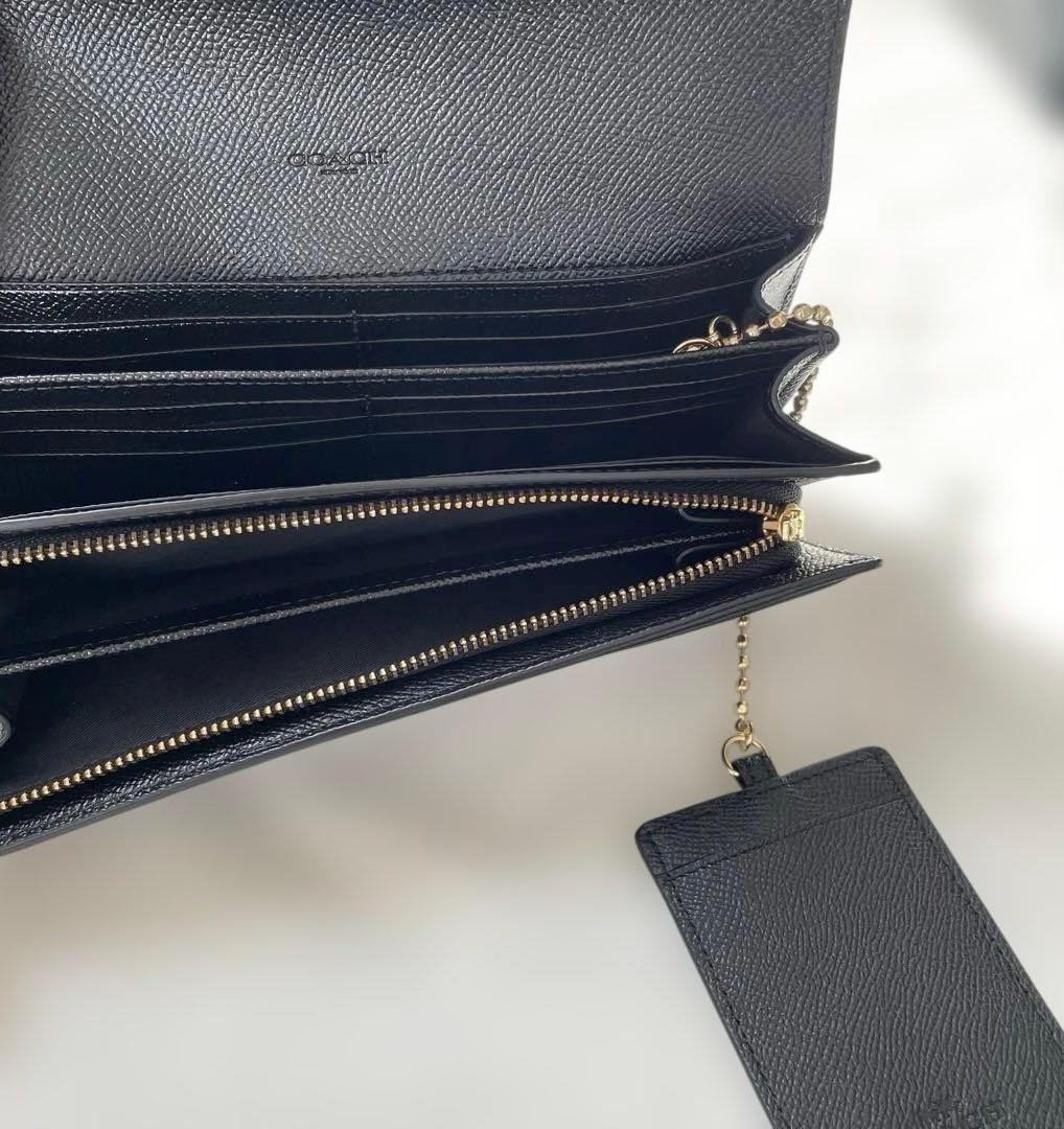 コーチ　財布　長財布　レザー　ブラック　パスケース付き