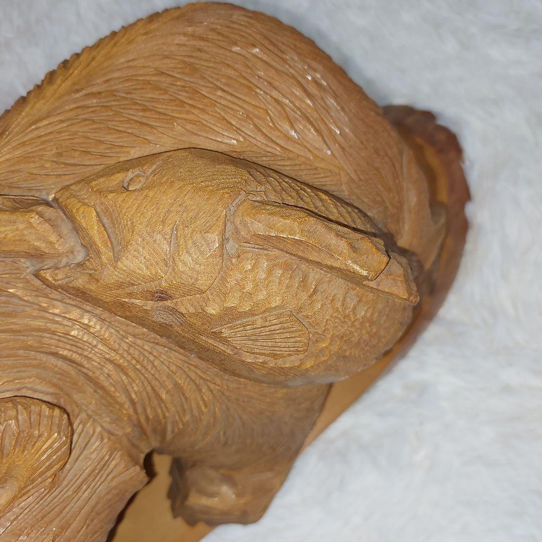 【希少】70年代 鮭背負い熊 釣竿くわえ 木彫りの熊 一刀彫 アイヌ民芸 北海道