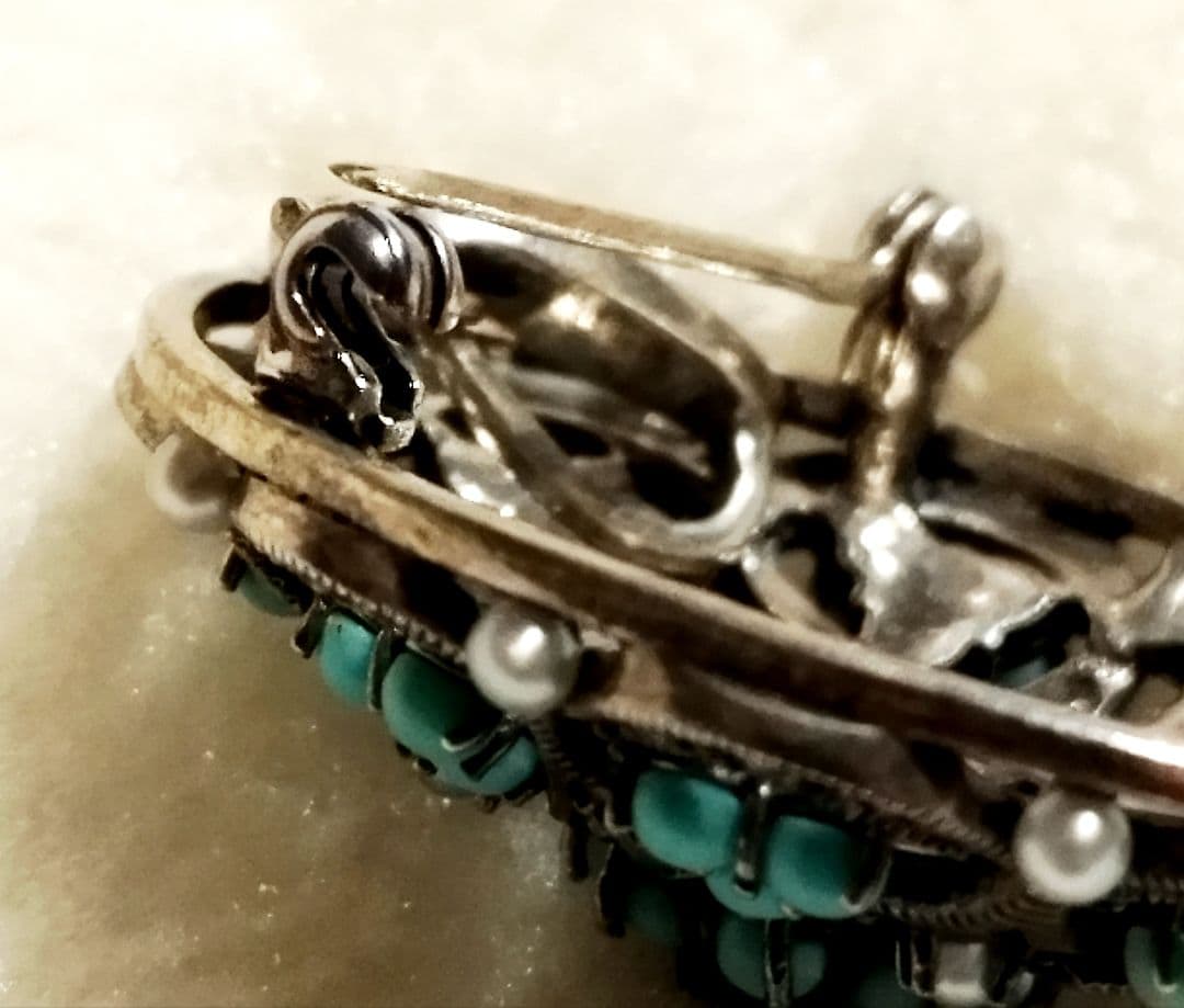 碌山 925 トルコ石 シードパール マーカサイト ブローチ ペンダントトップ