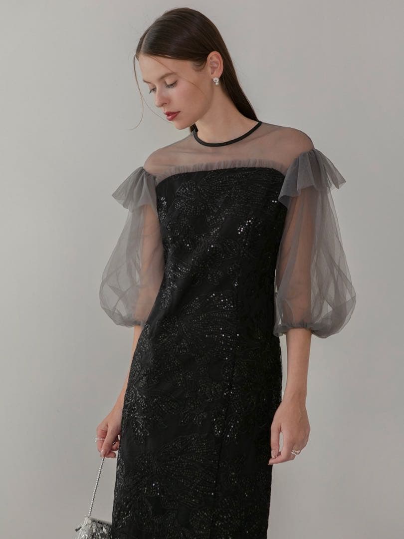 フラワースパンコールシアーフリルスリーブIラインワンピースドレス結婚式パーティー