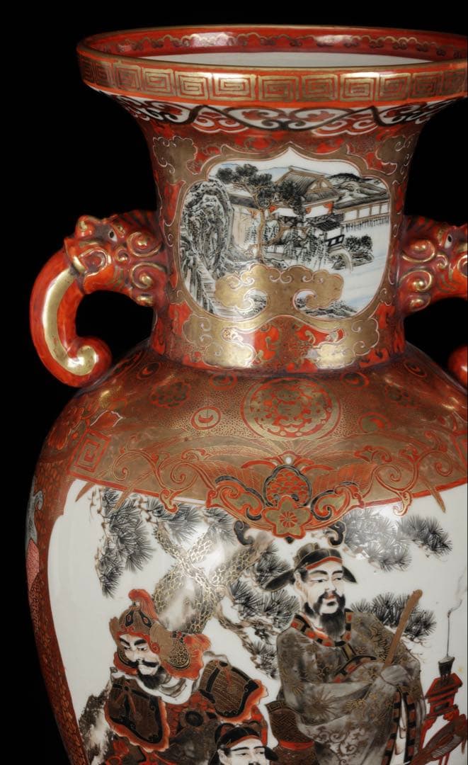 【九谷焼 大日本九谷造】金襴手赤絵金彩 龍双耳飾壺 花瓶 人物松鶴花鳥図 古美術