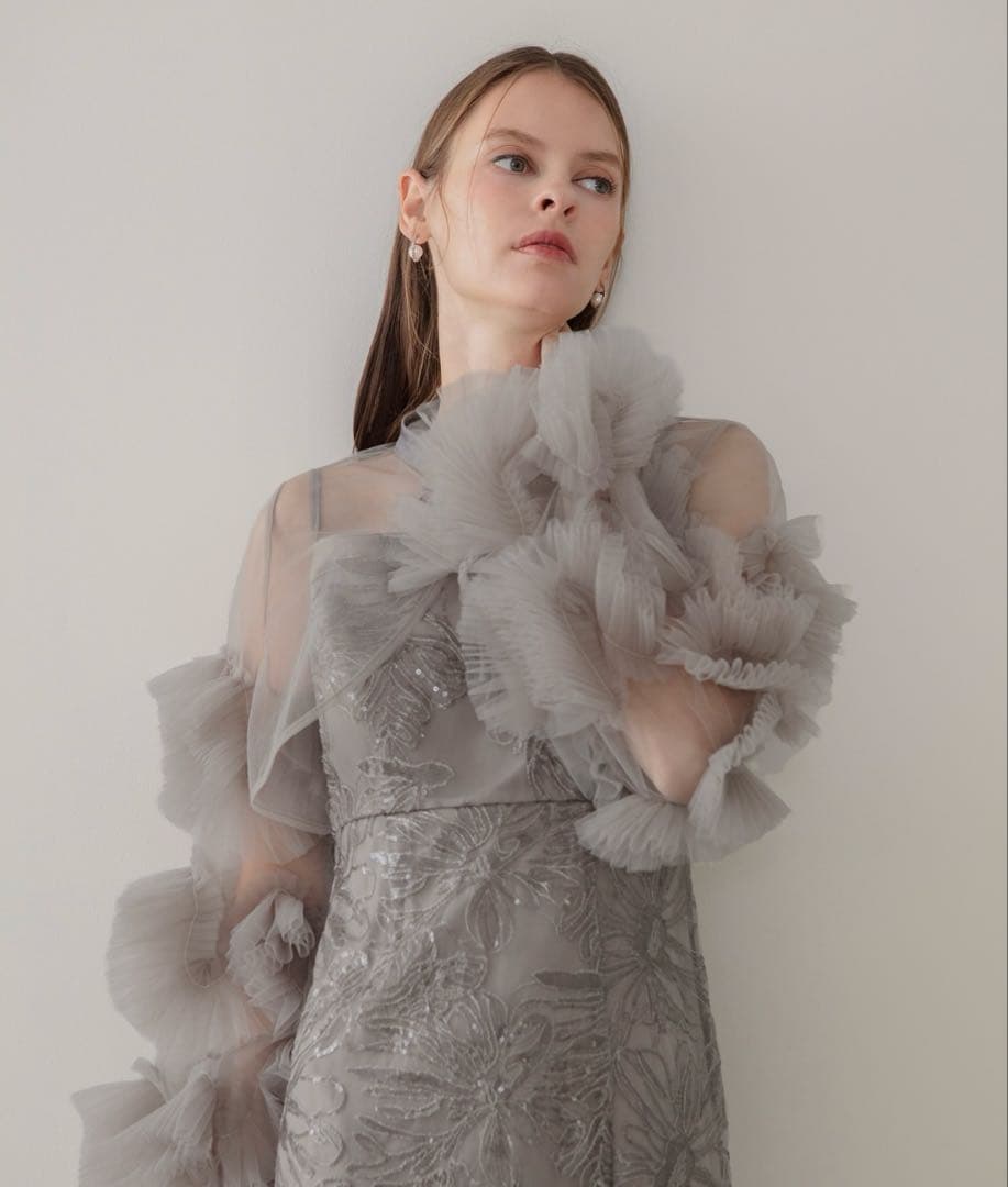 Leja フリルチュールスリーブリボンIラインワンピースドレス2点セット