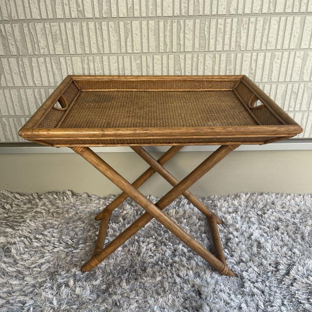 ラタン　籐　フォールディングトレイ　 サイドテーブル　お盆　 木製 アンティーク