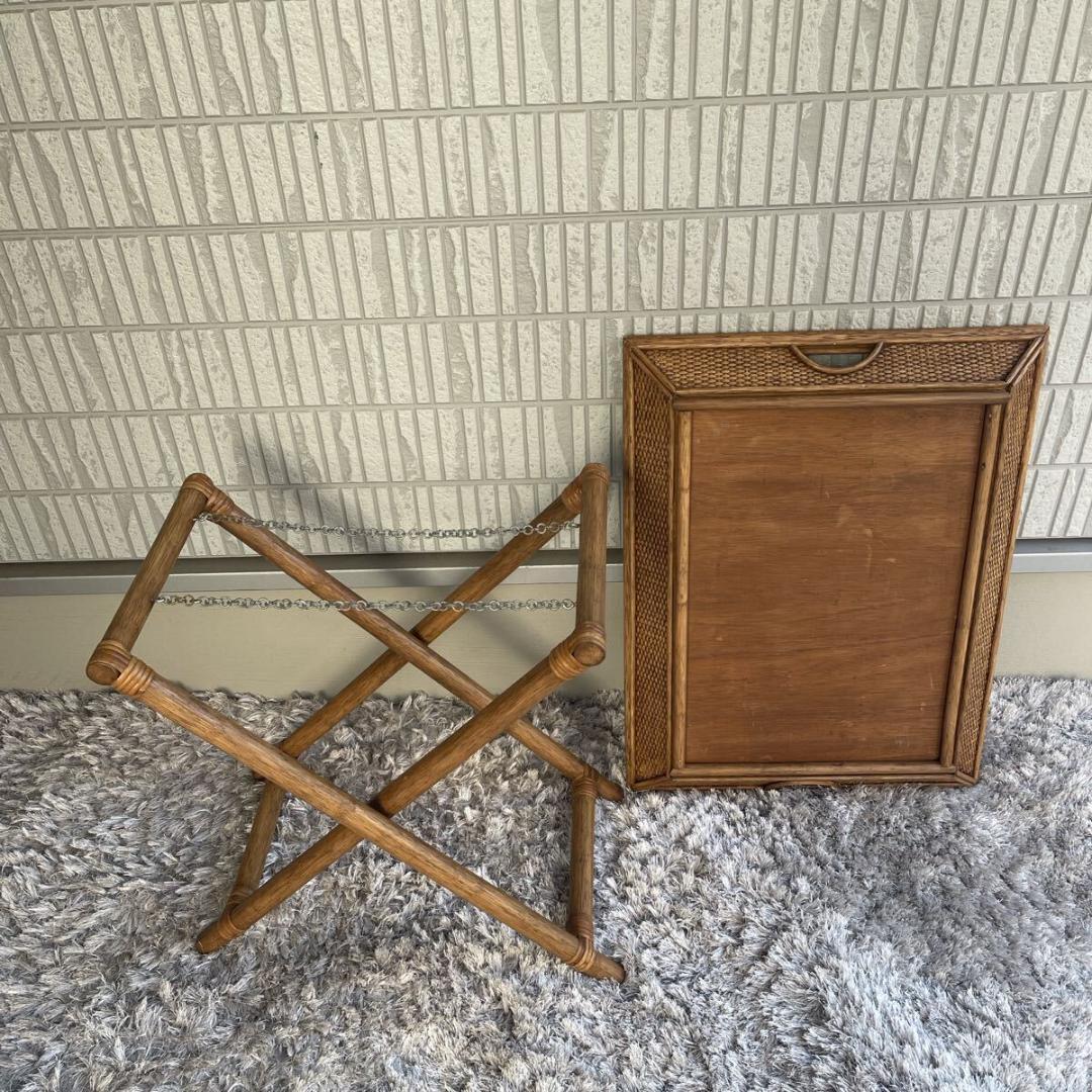 ラタン　籐　フォールディングトレイ　 サイドテーブル　お盆　 木製 アンティーク