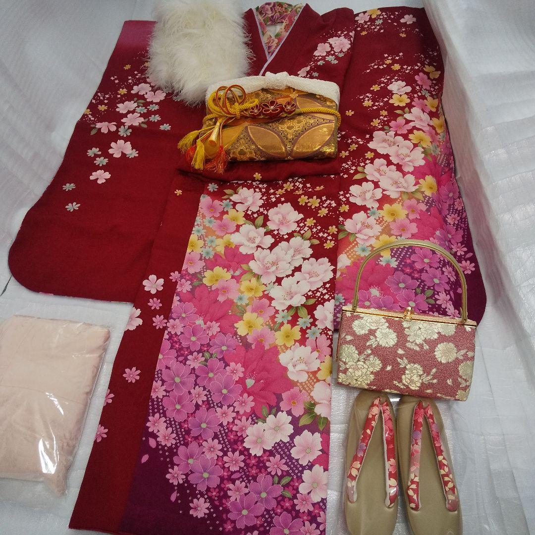 みみ 赤ピンク正絹振袖6点セット袋帯帯締め帯揚げ半襟重ね襟成人式卒業式等