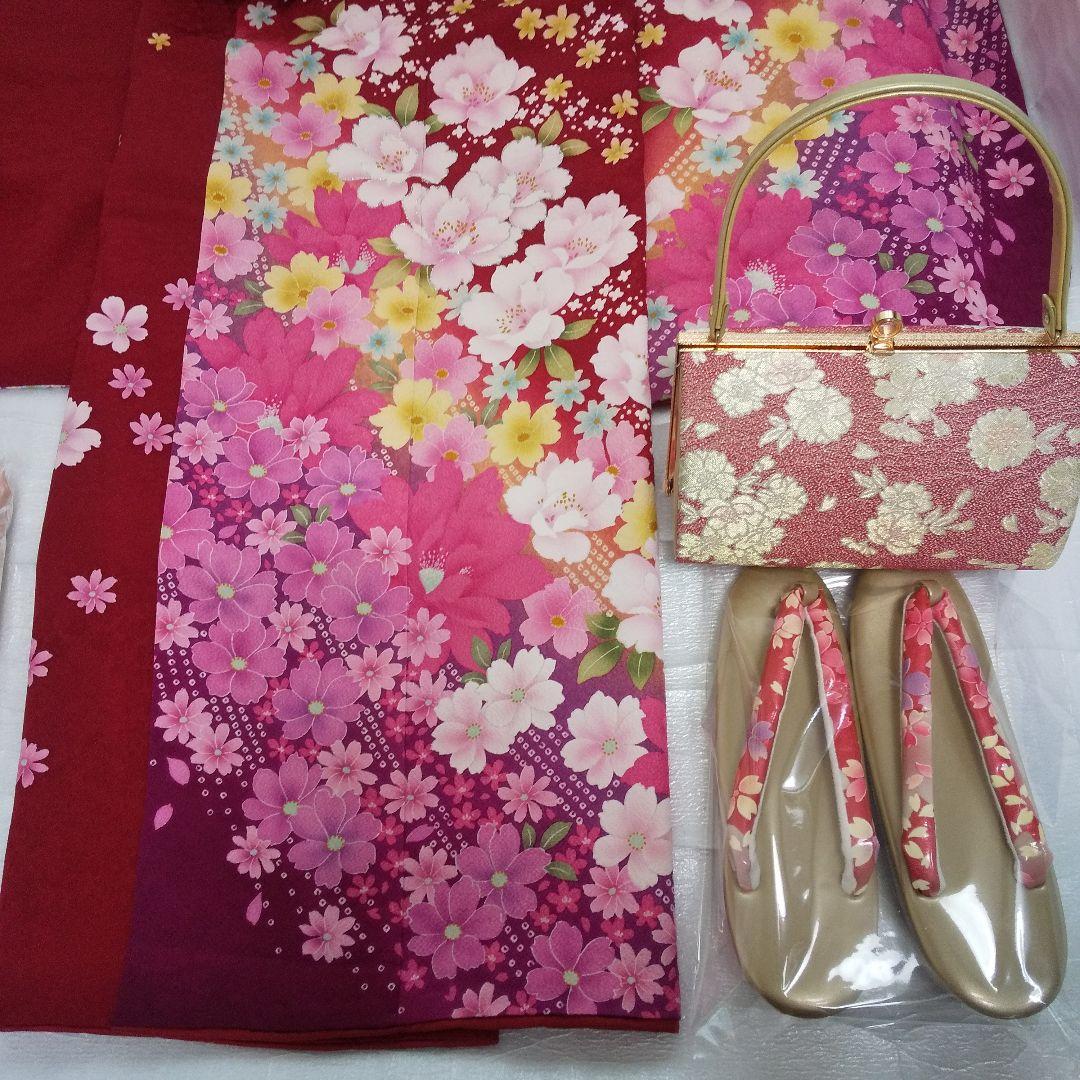 みみ 赤ピンク正絹振袖6点セット袋帯帯締め帯揚げ半襟重ね襟成人式卒業式等