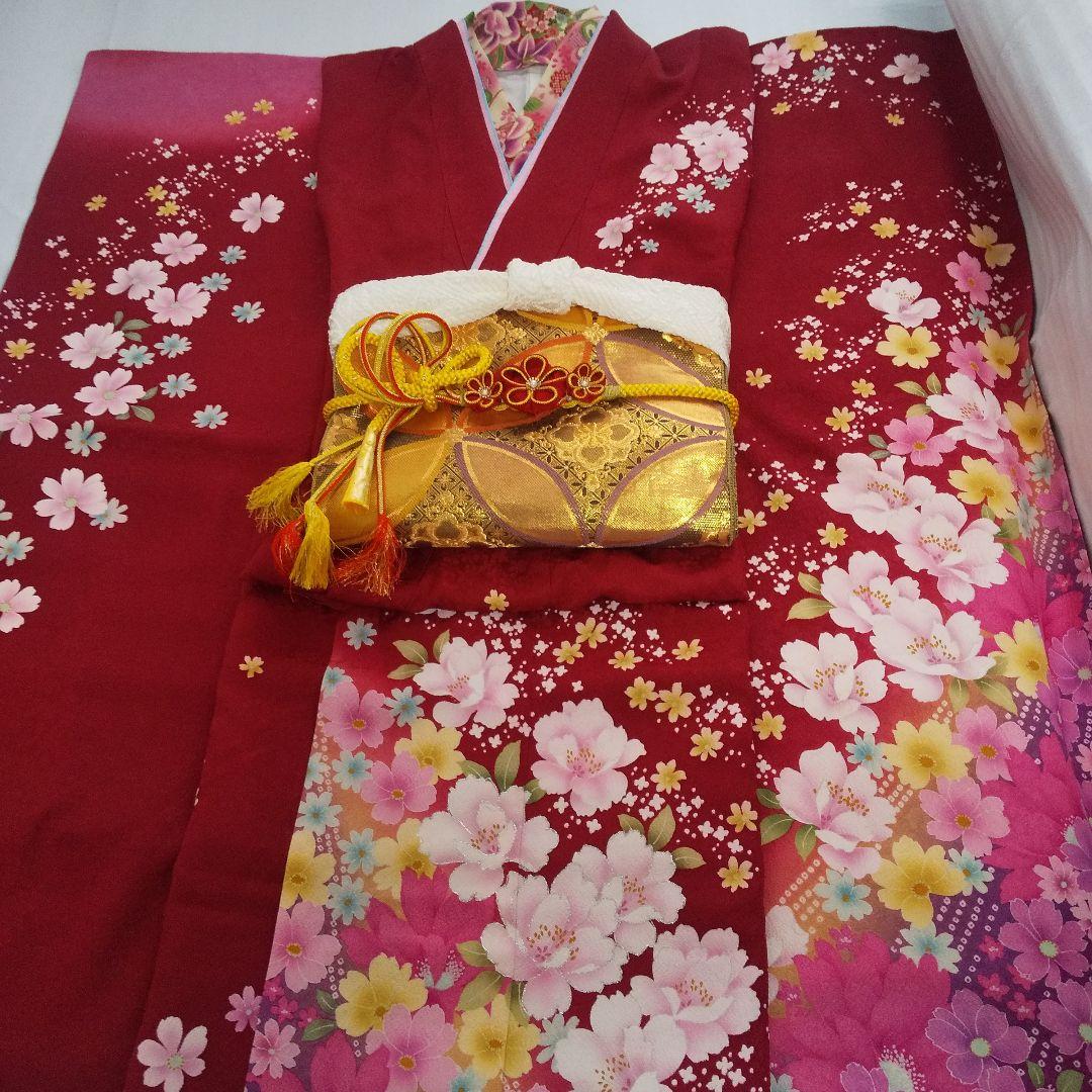 みみ 赤ピンク正絹振袖6点セット袋帯帯締め帯揚げ半襟重ね襟成人式卒業式等