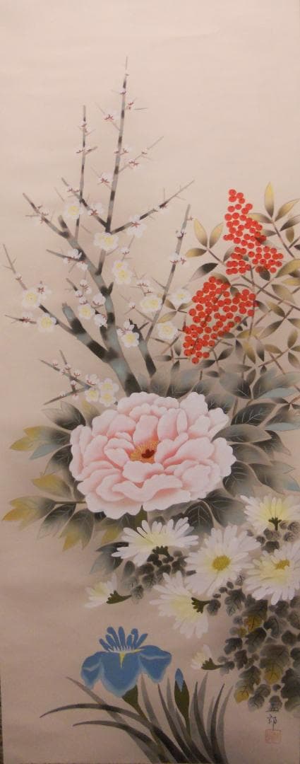 掛け軸 五郎 四季花 絹本 希少 軸装 茶道具 掛軸 美品 です。