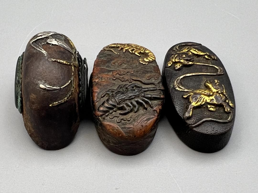 【海】江戸明治期　日本刀装具　獅子　蝦図　金象嵌　縁頭　3点　骨董品　美術品