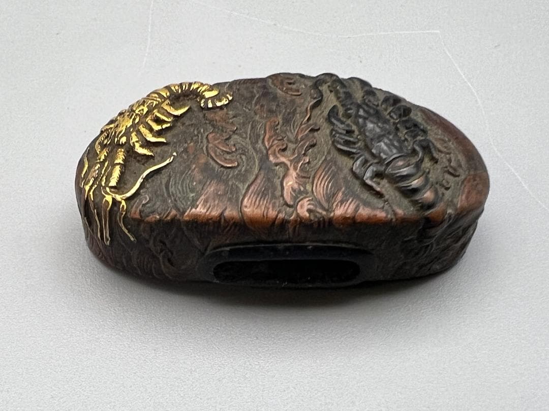 【海】江戸明治期　日本刀装具　獅子　蝦図　金象嵌　縁頭　3点　骨董品　美術品