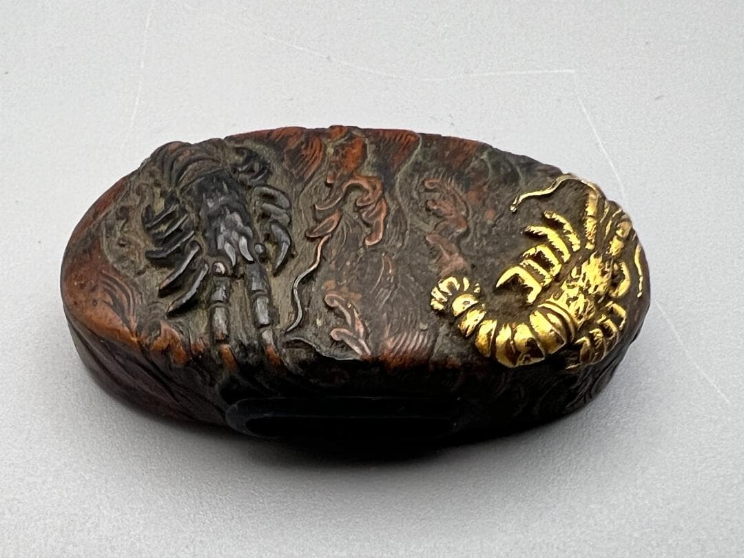 【海】江戸明治期　日本刀装具　獅子　蝦図　金象嵌　縁頭　3点　骨董品　美術品