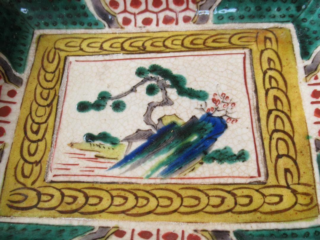 ◆美品希少 江戸時代末期◆吉田屋 角福 青手九谷 山水図 角皿 横幅18.2cm