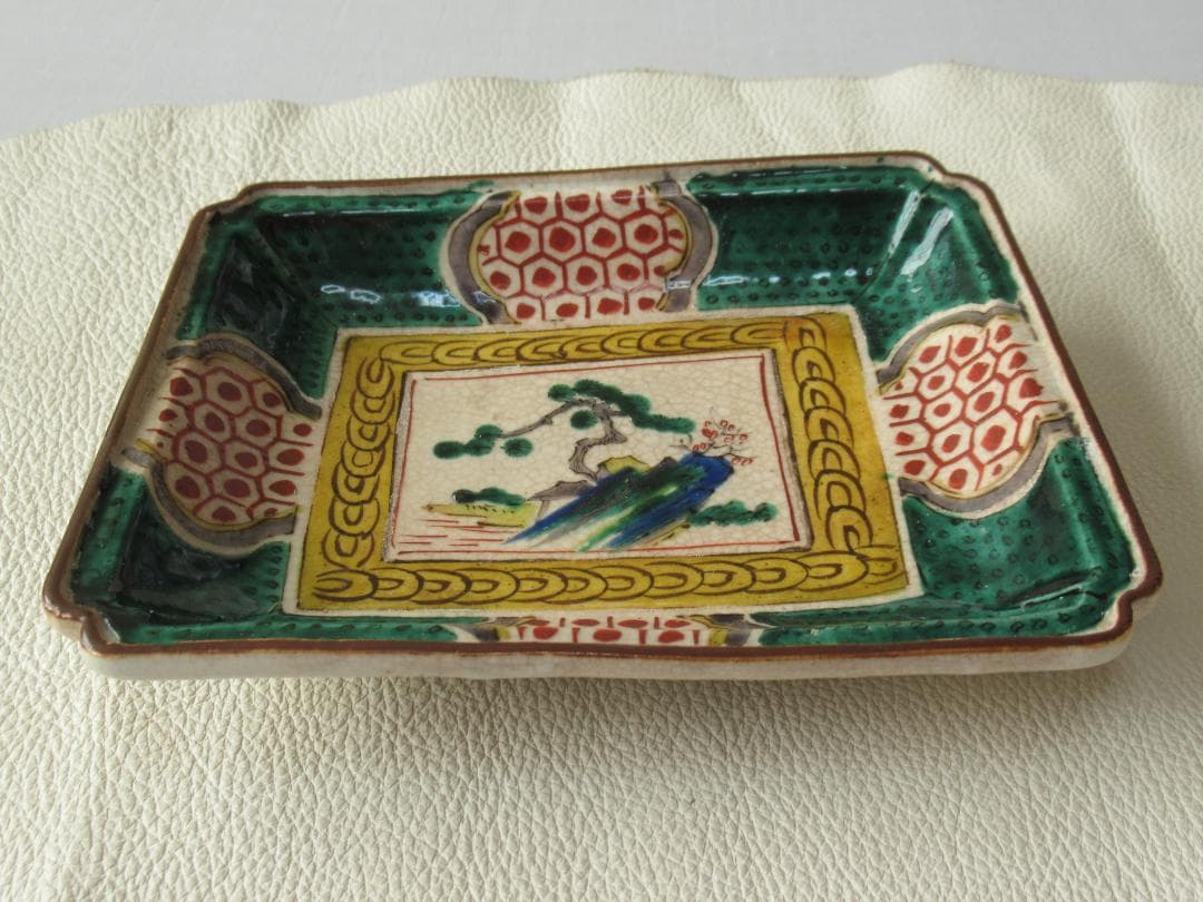 ◆美品希少 江戸時代末期◆吉田屋 角福 青手九谷 山水図 角皿 横幅18.2cm