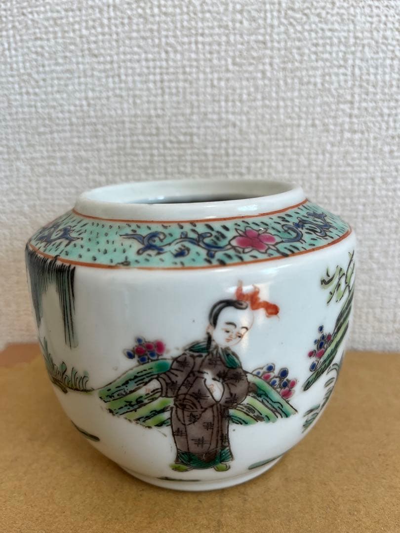 中国美術 粉引 色絵　六角 筆筒 童子圖 茶盞 大清同治年製 3点