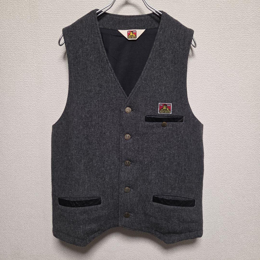 日本製 ベンデイビス ウールリネンベスト M グレー 牛革レザー切替