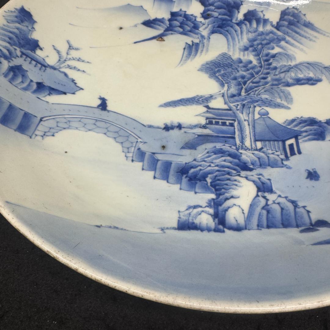 古伊万里　山水楼　大皿　染付　飾り皿　在銘　時代物33cm