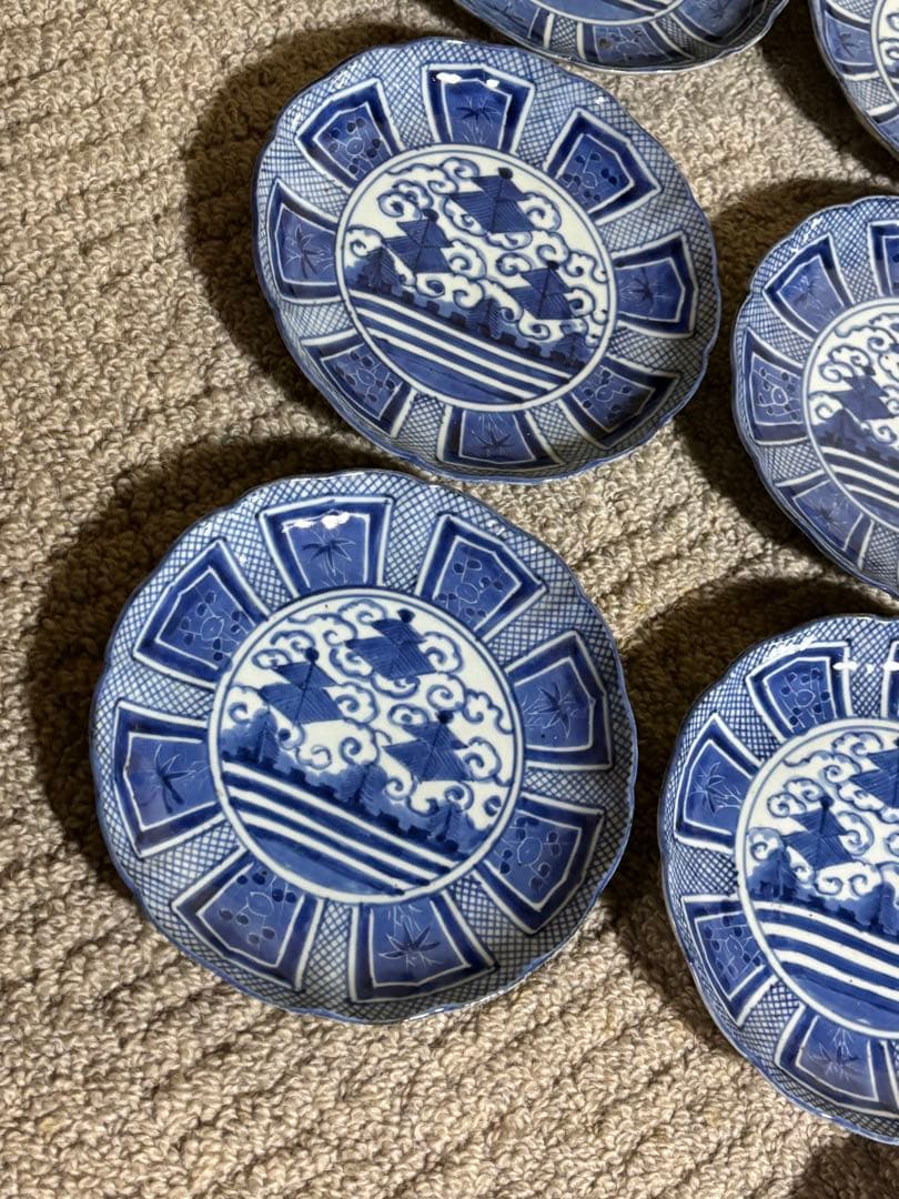 古伊万里染付芙蓉手膾皿 江戸時代 藍色 意匠 陶器 13枚 時代物 希少品