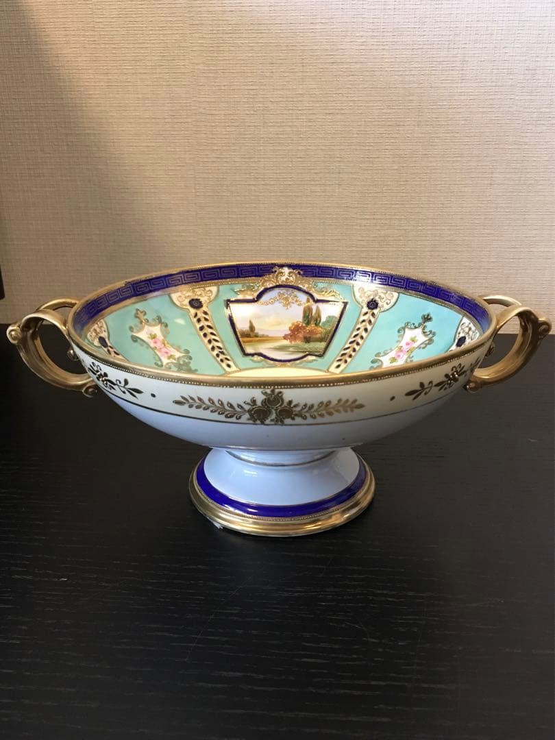 オールドノリタケ金盛上げ河畔風景紋図両耳飾り大鉢