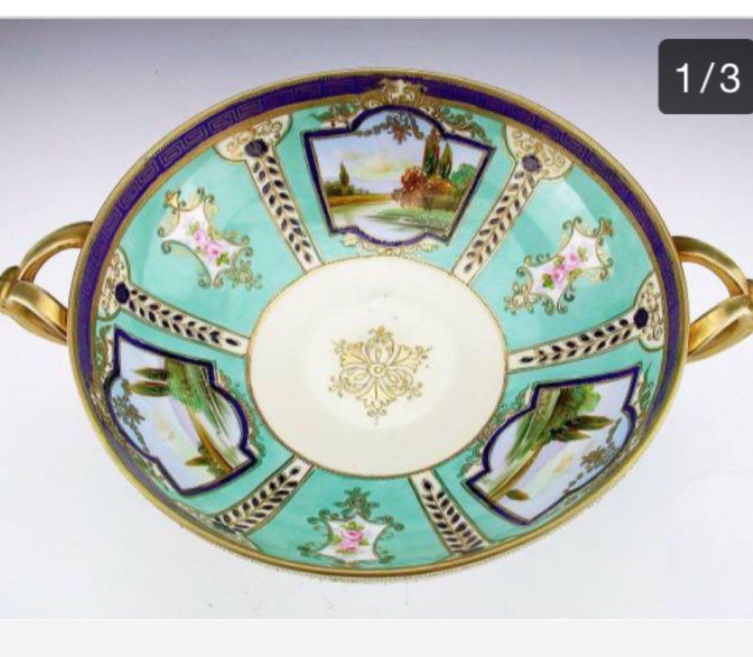 オールドノリタケ金盛上げ河畔風景紋図両耳飾り大鉢