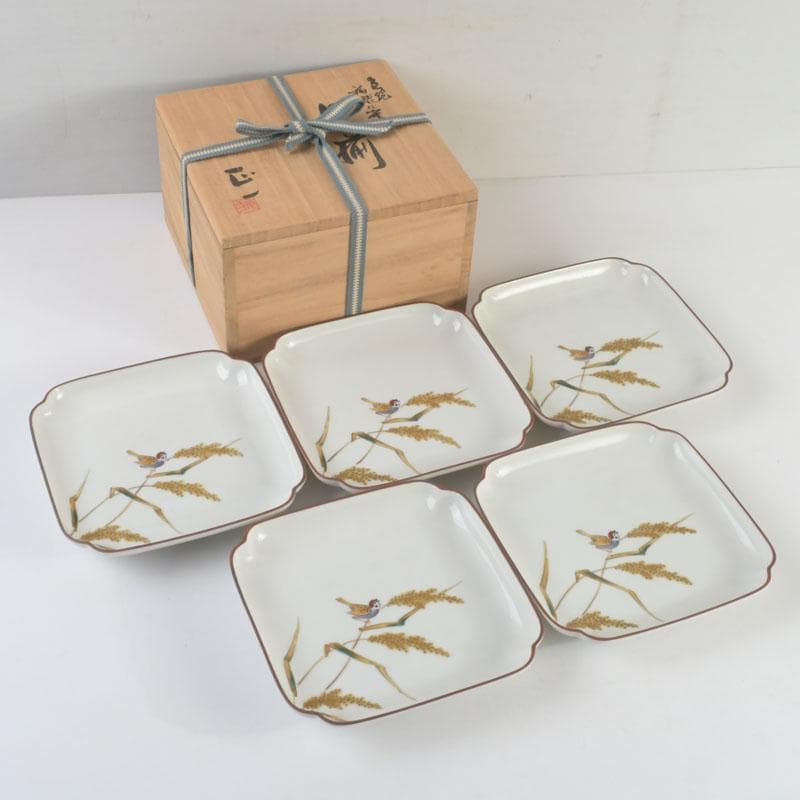 和食器　九谷焼　竹村正一作　色絵　稲穂に雀図　皿揃　五客　共箱　V　9457