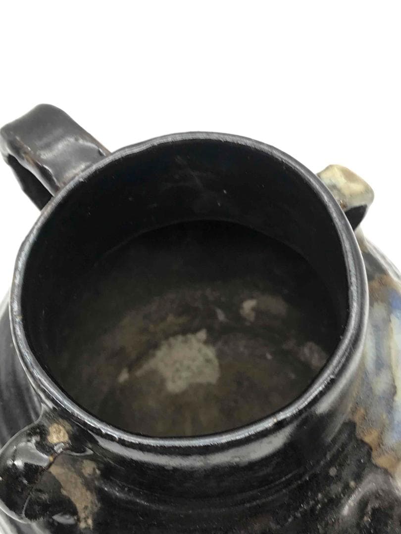 唐時代　黒釉鉄斑壺　双係瓶　水注　水差し　水指　海鼠釉　時代物(A-50)